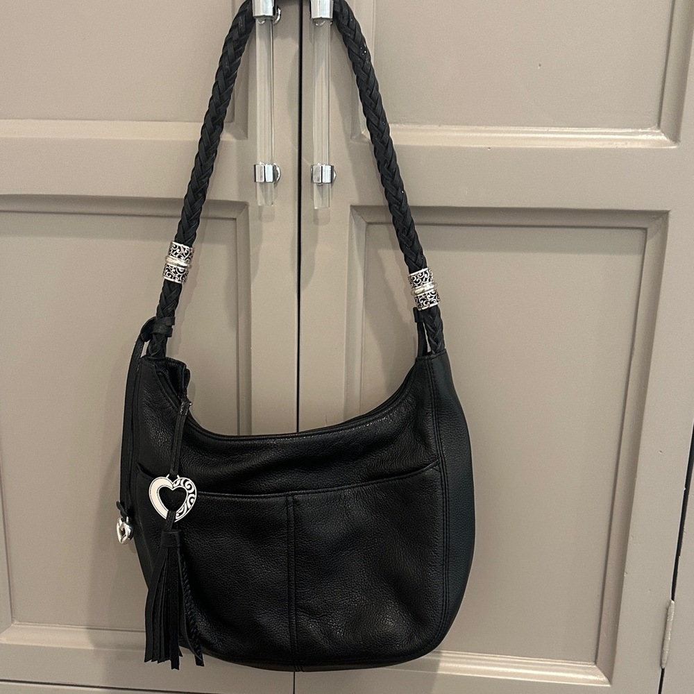 Brighton Black Leather Shoulder Bag with Braided Strap